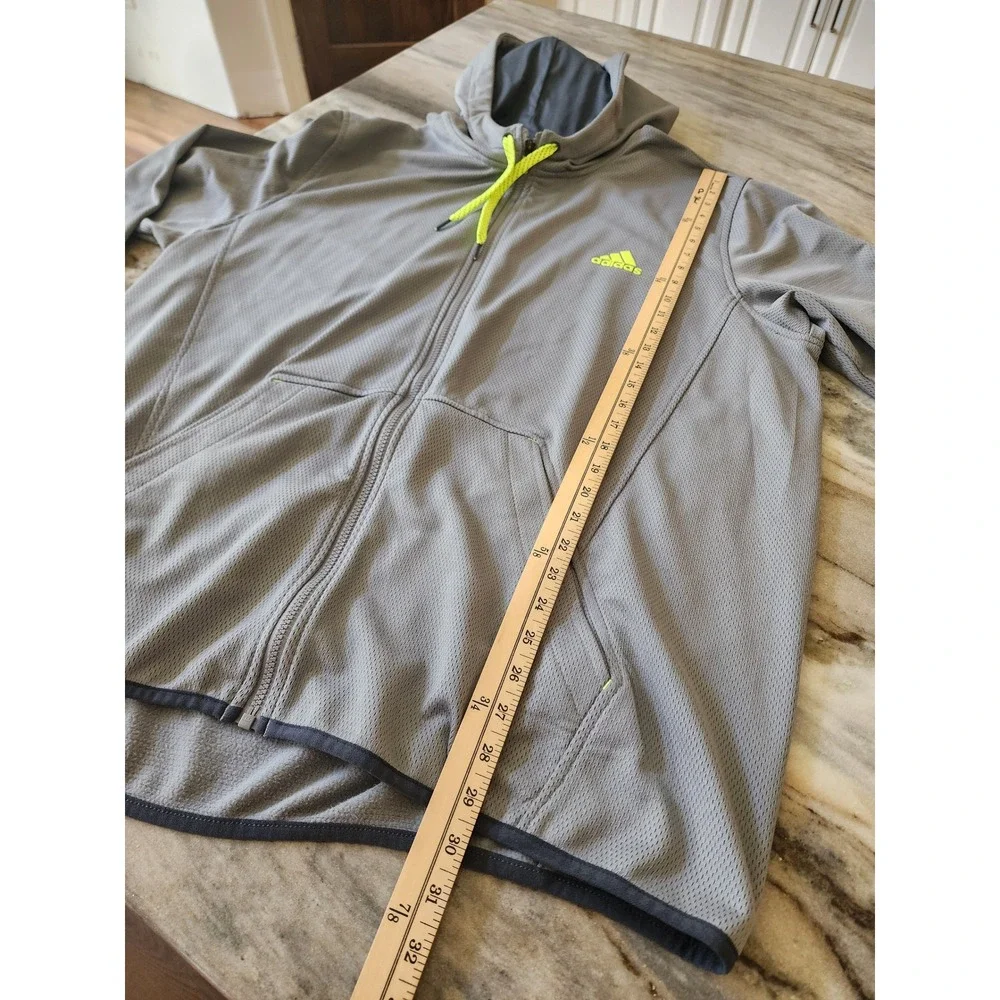 Adidas Mens 2XL Gray Neon Yellow Full Zip Mesh Fleece Lined Hoodie Jacket